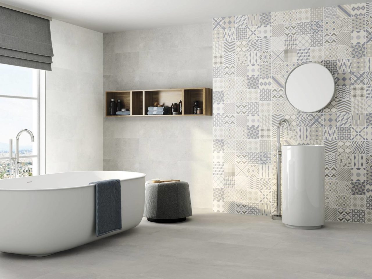 Carrelage mural pour salle de bain effet béton et carreaux de ciments