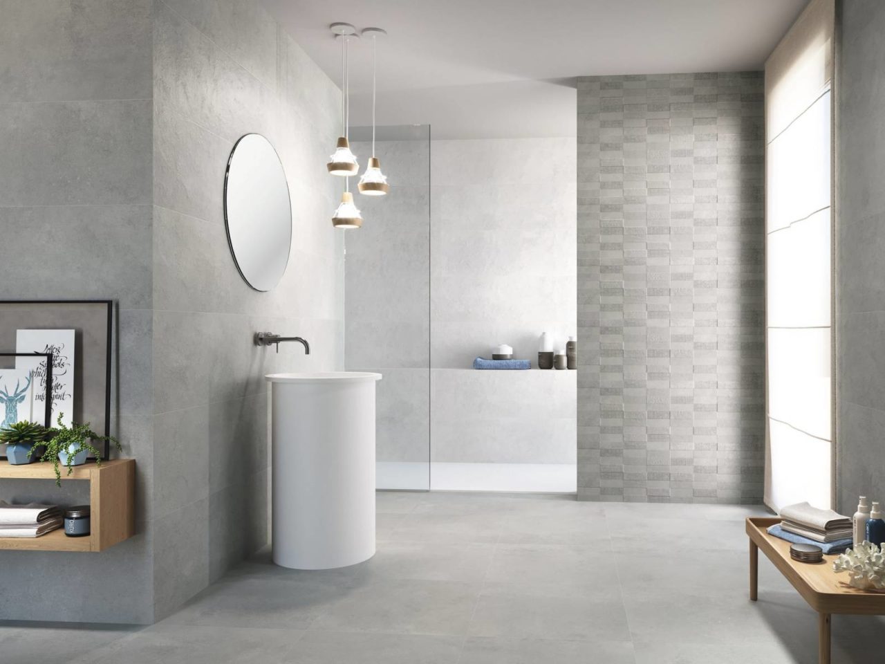 Carrelage mural pour salle de bain effet béton et carreaux de ciments